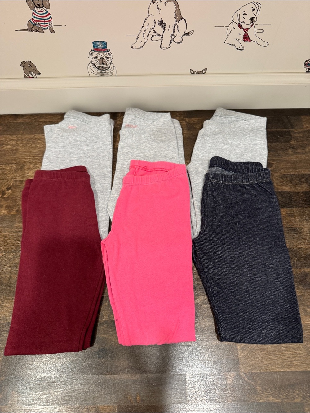 5T five pair of Cat & Jack Girls' Leggings - Gray, Pink, Burgundy & Denim.